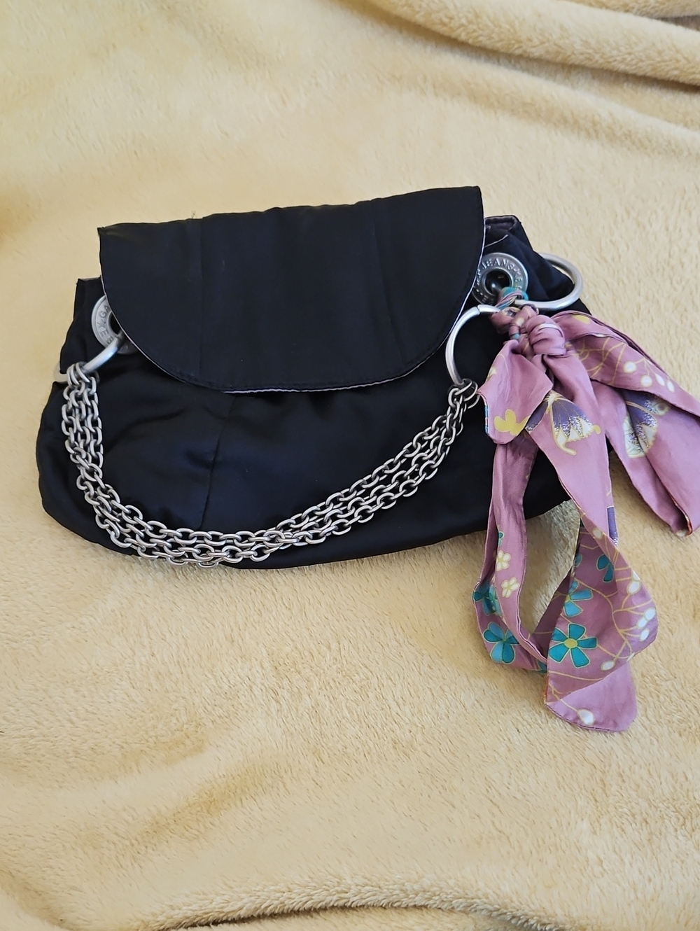 GAP -Black Women's Chain-Accent Bag with Pink Scarf. Vintage .90s